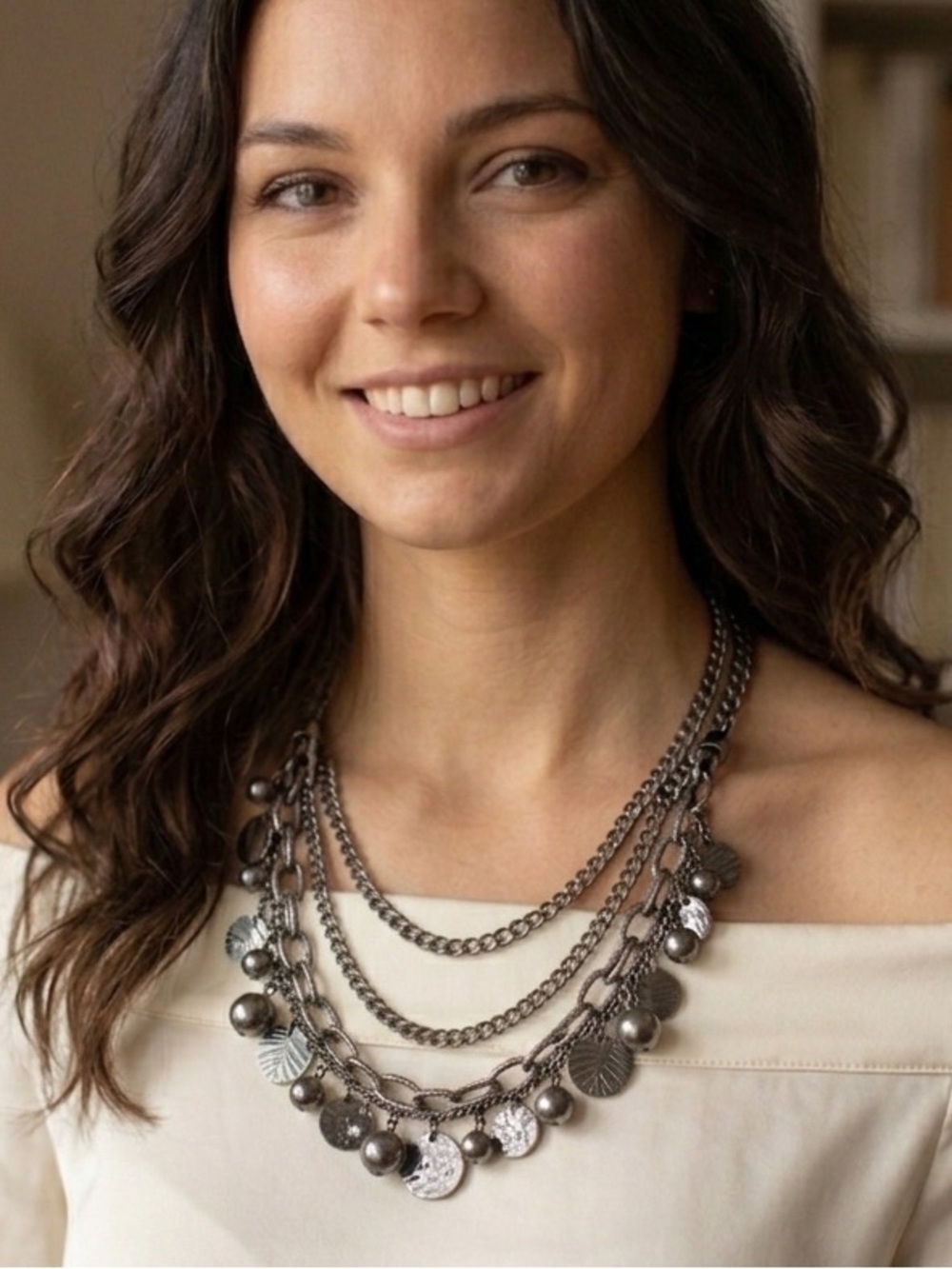 Silver Rocker Rebel Edgy Layered Bead Discs Coins Textured Chain Necklace